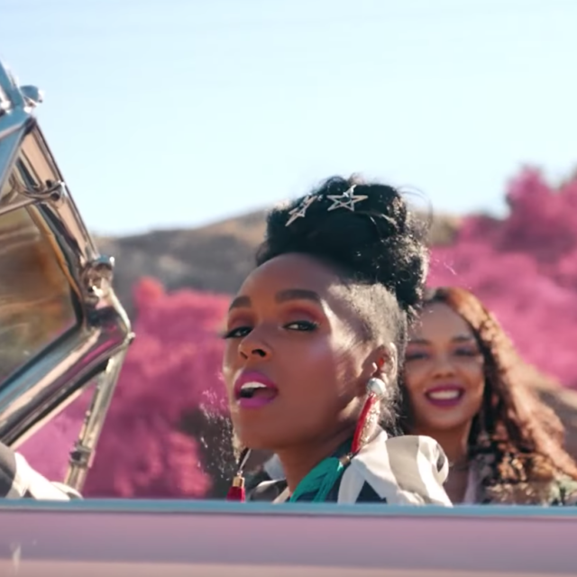 Janelle Monae in pink convertible