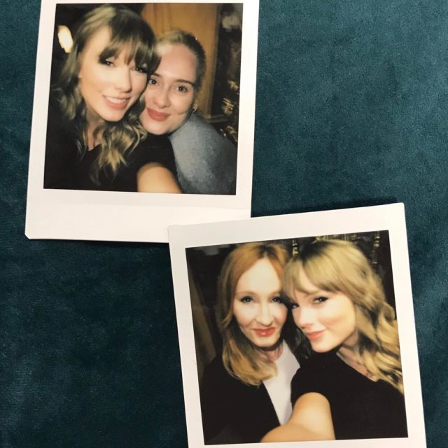 Two snapshots, one of Taylor Swift and Adele, the other of Taylor Swift and JK Rowling
