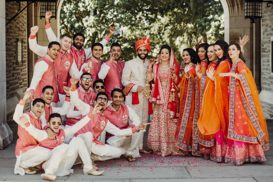 matching bridesmail and groomsmen outfits for an indian wedding